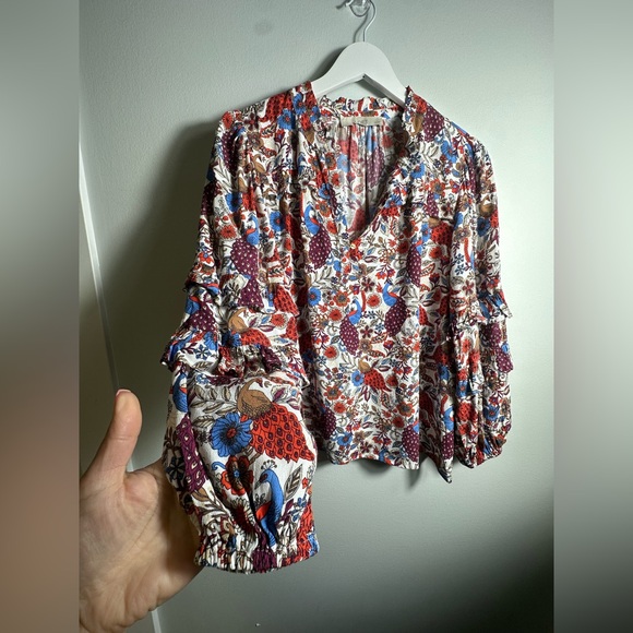 Loft Peacock Floral Print White Ruffle Long Sleeve Blouse Top Petite - Picture 12 of 17